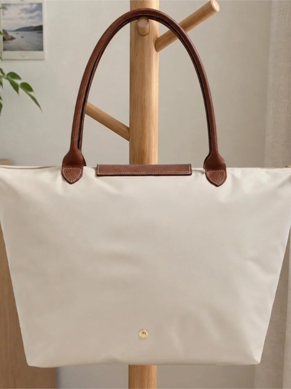 Longchamp Beige Tote with Brown Leather Trim